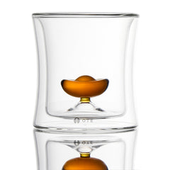Double Wall Borosilicate Glass Tumbler with Floating Yuanbao Ingot, 88ml & 260ml Heat Insulated Hand Blown Glass Cup, Lead-Free Oriental Drinking Glass for Tea Whiskey Coffee, Dishwasher Safe Novelty Gift Cup